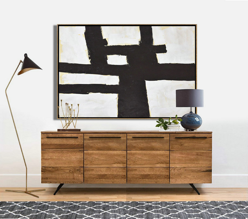 Large Contemporary Art Canvas Painting,Horizontal Palette Knife Minimal Canvas Art Painting Black White Beige - Abstract Paintings On Sale